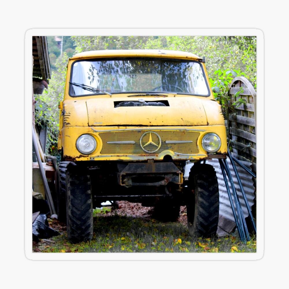 Vintage Yellow Unimog in Forest Workshop Sticker 1 work 177905267 sticker transparent