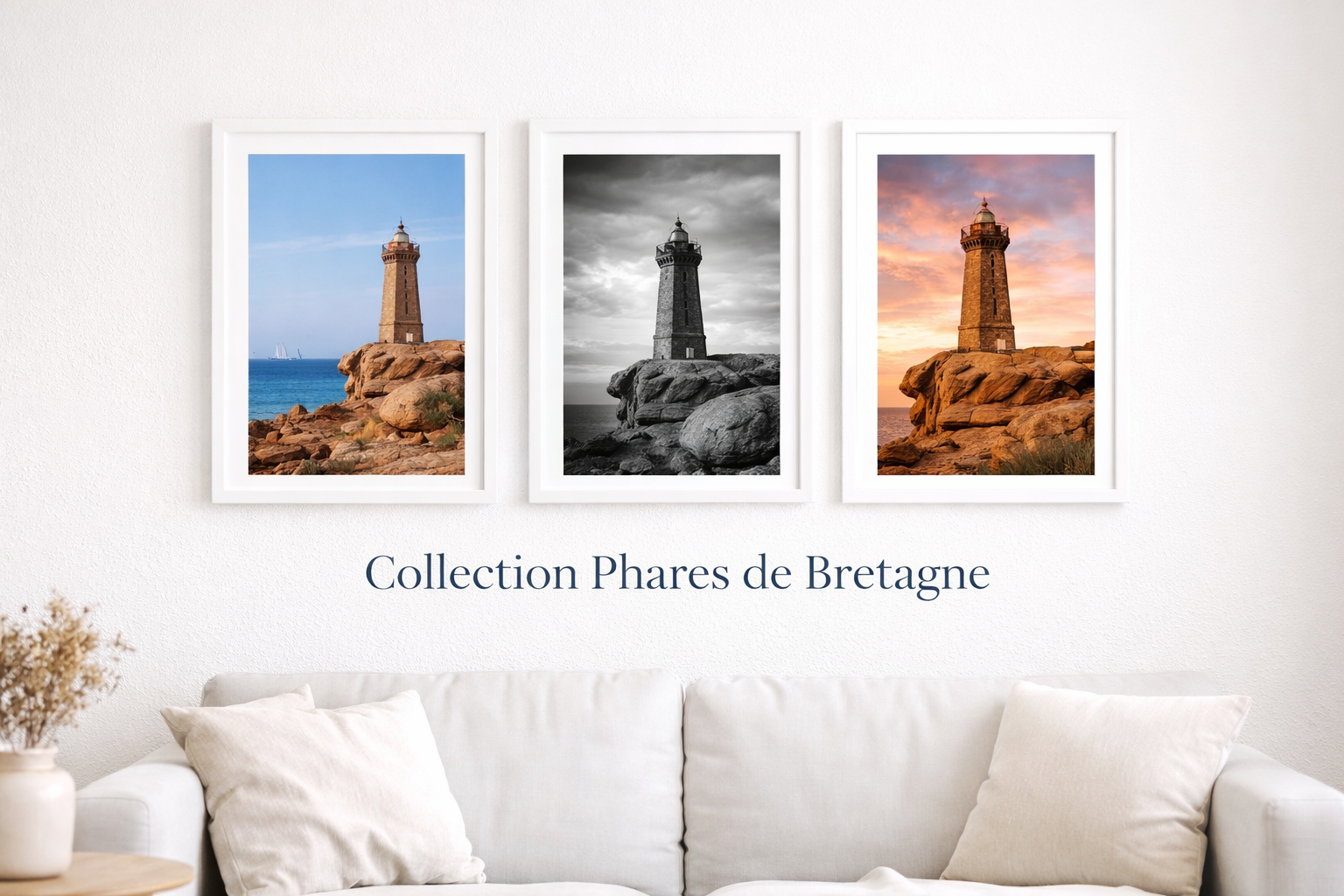 Brittany Lighthouse Wall Art – Coastal Photography Triptych Collection 1 Brittany lighthouse wall art triptych in modern coastal living room