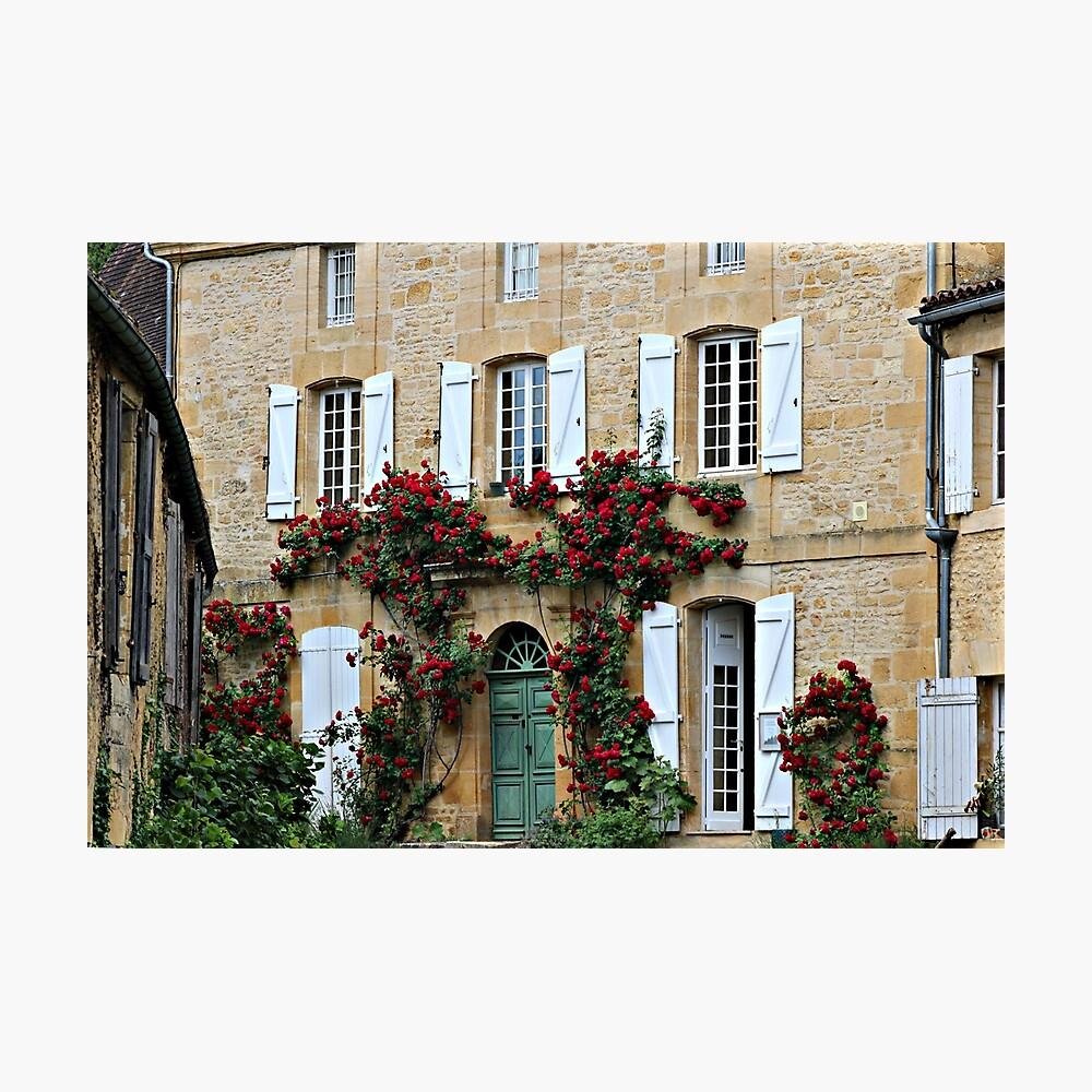 Stone house in Dordogne with red roses photography print