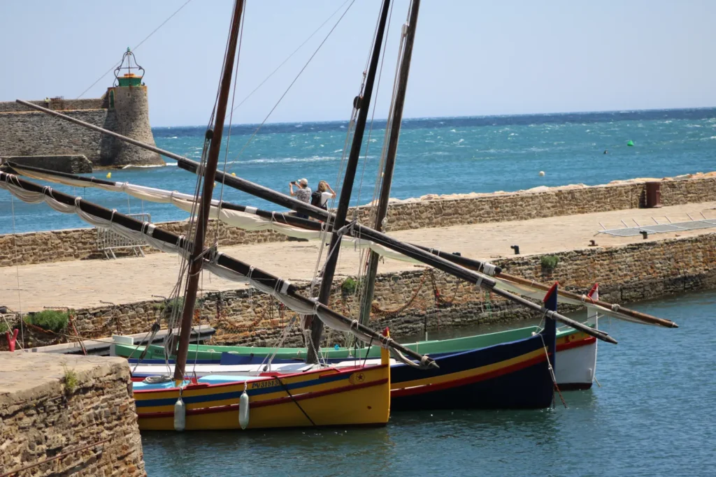 Traditional Catalan fishing boats in the harbor of Collioure, Mediterranean coast in southern France